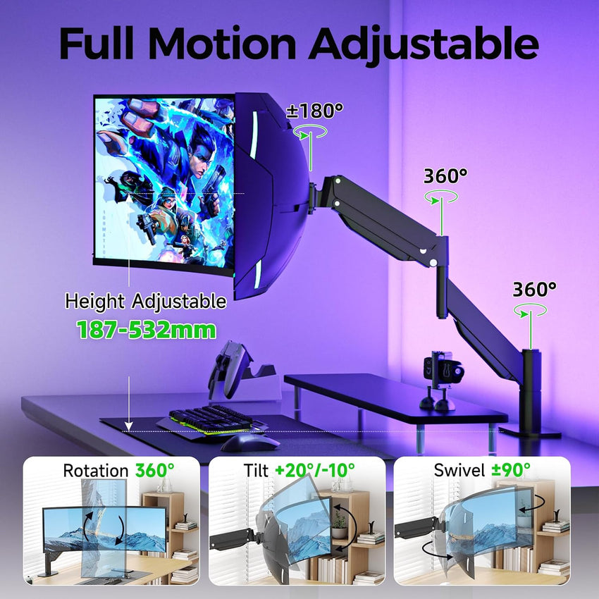 Suptek Single Monitor Arm 43 Heavy Duty Gas Spring Monitor Arm Desk Mount Holds up to 13kg, Tool Free Height Adjustable Screen Arm with Tilt Swivel Rotation, VESA 75/100mm, C-clamp/Grommet Options