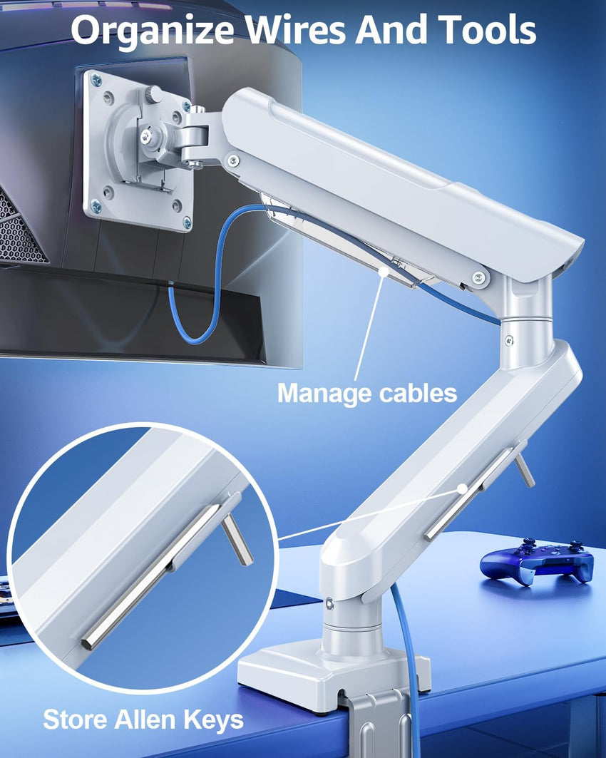 Single Arm Monitor Gas Spring Desk Mount 13â32" Tool-Free Height Adjustable VESA 75/100 C-clamp & Grommet â White
