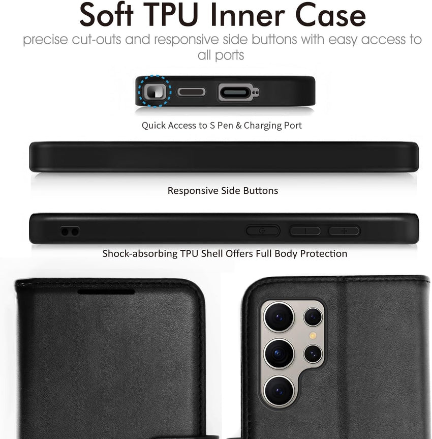 TECHGEAR For Samsung S25 Ultra Phone Case, Black PU Leather Wallet Case with RFID Blocking, Card Slots, Stand Function, Wrist Strap, Magnetic Closure, Shockproof Protection for Galaxy S25 Ultra 5G