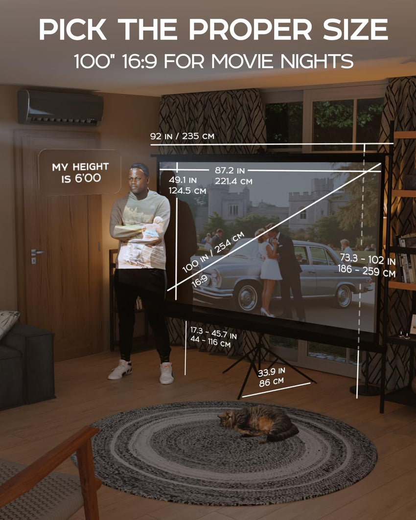 PropVue Projector Screen with Stand 100 inch - 16:9 HD Premium Wrinkle-Free Tripod Screen for Projector with Carry Bag and Tight Straps