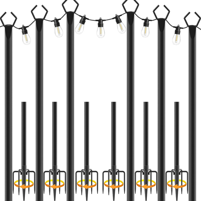 String Light Pole Metal 3m Rustproof Hanging Light Support with Hooks â 6-Pack
