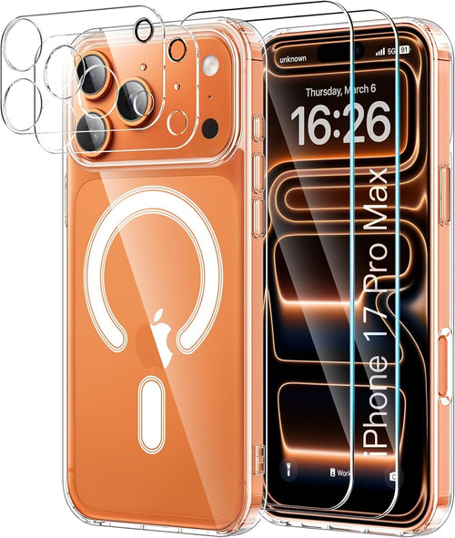 YNMEacc 5 in 1 Magnetic for iPhone 17 Pro Max Case with 2X Screen Protector + 2 Lens Covers, [Compatible with MagSafe] Slim Soft TPU Silicone Shockproof Anti-Scratch Phone Cover - Clear