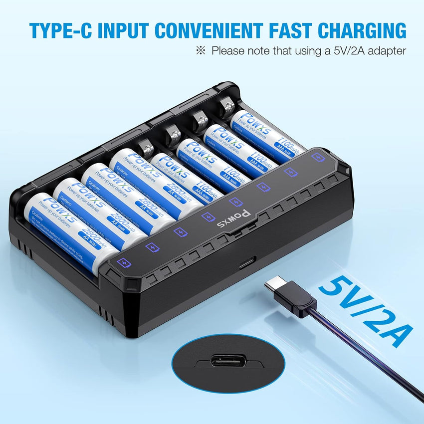 POWXS LED 8-slot Battery Charger for AA&AAA NI-MH NI-CD Lithium Rechargeable Batteries, Upgrade Intelligent AA AAA Battery Charger Type C and Micro USB Input, Fast Charging Function