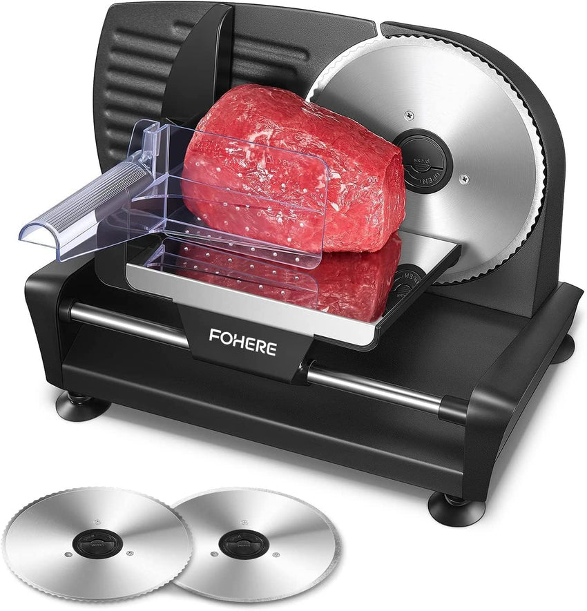 Meat Slicer with 2 * 19cm Blade, Electric Meat Slicer Machine for Home Use 200W, FOHERE Deli Food Slicer, 0-15mm Adjustable Thickness for Cheese, Bread, Include Safety Food Pusher, Silver