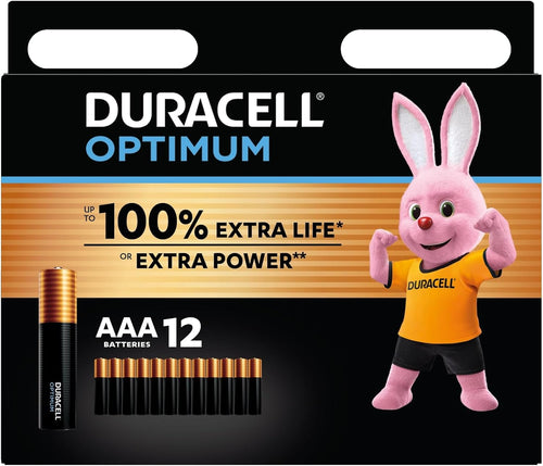 DURACELL Optimum AAA Batteries (12 Pack) - Alkaline Batteries 1.5V - 200% More Power Boost Actives - Meets Demands Of Modern Devices - 100% Recyclable, 0% Plastic Packaging - MX2400