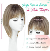 Peonymebeauty 360Â°Clip in Fringe Hair Topper, 4"X5" Base Hair Toppers with Bangs for Women Synthetic 12 Inch Natural Straight Short Bob Hairpieces Wiglets Ladies for Daily Wear(Ombre Brown Blonde)