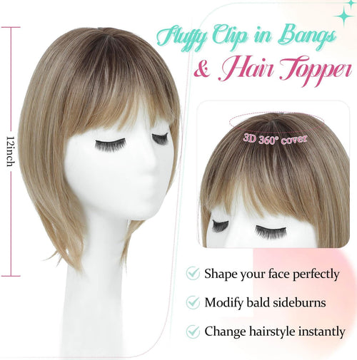 Peonymebeauty 360Â°Clip in Fringe Hair Topper, 4"X5" Base Hair Toppers with Bangs for Women Synthetic 12 Inch Natural Straight Short Bob Hairpieces Wiglets Ladies for Daily Wear(Ombre Brown Blonde)