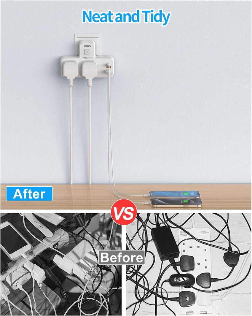 USB C Charger Plug Adapter UK, FDTEK Double Plug Extension Socket with Fast Charger, Multi USB Charging Station with Sensor Night Light, MultiPlug Extender Compatible for Kitchen, School Supplies