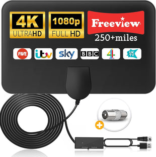 Amazqi TV Aerial Indoor-Amplified Smart Digital 4K 1080p TV Aerial 250+ Miles Long Range - Support All Older TV's with Amplifier Connector for Freeview Channels