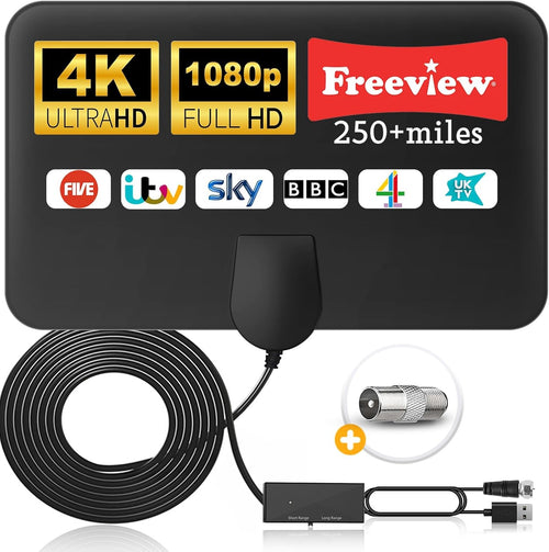 Amazqi TV Aerial Indoor-Amplified Smart Digital 4K 1080p TV Aerial 250+ Miles Long Range - Support All Older TV's with Amplifier Connector for Freeview Channels