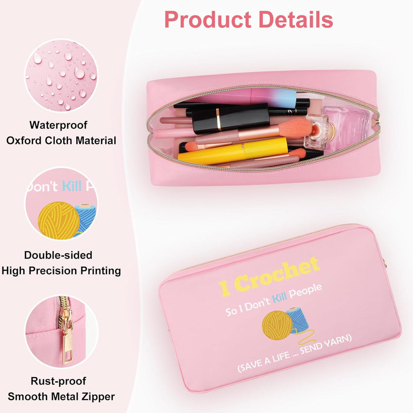 Crochet Cosmetic Bag Oxford Cloth Zipper Pouch for Crocheters Knitting Gifts â Pink