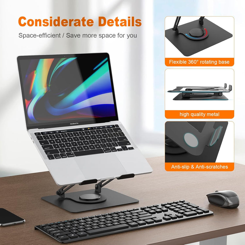 GRIFEMA Laptop Stand for Desk, Foldable Laptop Riser with 360^0 Swivel Base, Adjustable Height & Angle, Ventilated Computer Stand Compatible with MacBook Air/Pro, Dell, and 11-17" Laptops - Black