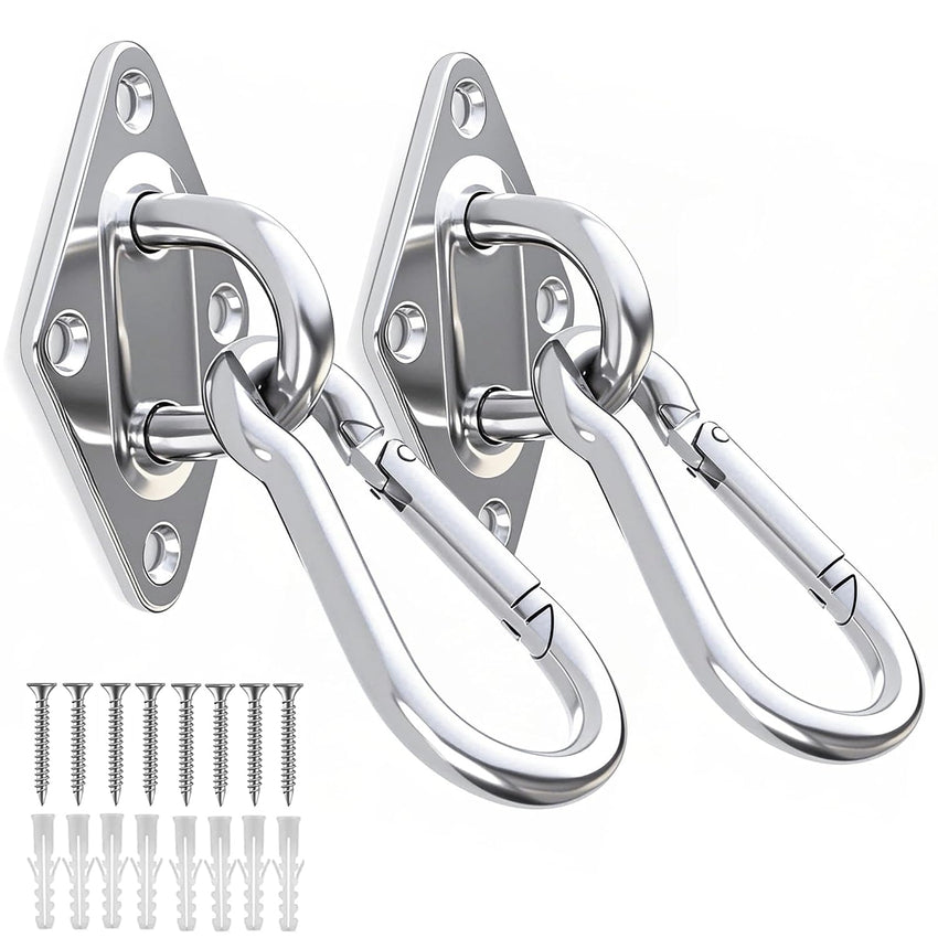 OHIYO 2PCS M10 Stainless Steel Pad Eye Hooks+2PCS M10 Snap Hooks, Heavy Duty Hammock for Hanging, 1300lbs Capacity for Swing Set, Plant Hanger, Outdoor Lights
