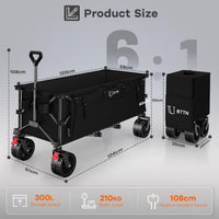 BTTN 300L Large Folding Festival Trolley on Wheels, 210kg Capacity Garden Cart with 18x10 cm Big All-Terrain Extra Wide Wheels, Portable Utility Storage Wagon for Shopping Camping Beach Garden, Black