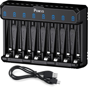 POWXS LED 8-slot Battery Charger for AA&AAA NI-MH NI-CD Lithium Rechargeable Batteries, Upgrade Intelligent AA AAA Battery Charger Type C and Micro USB Input, Fast Charging Function