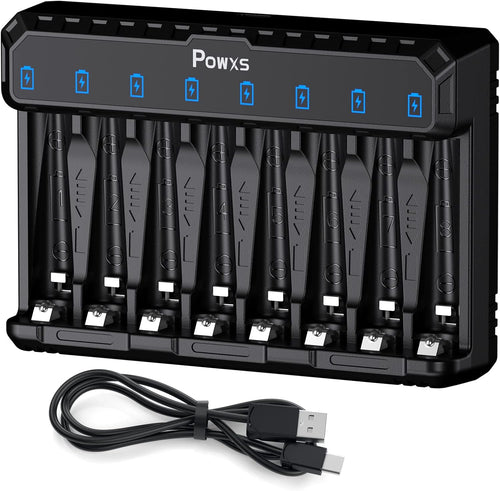 POWXS LED 8-slot Battery Charger for AA&AAA NI-MH NI-CD Lithium Rechargeable Batteries, Upgrade Intelligent AA AAA Battery Charger Type C and Micro USB Input, Fast Charging Function