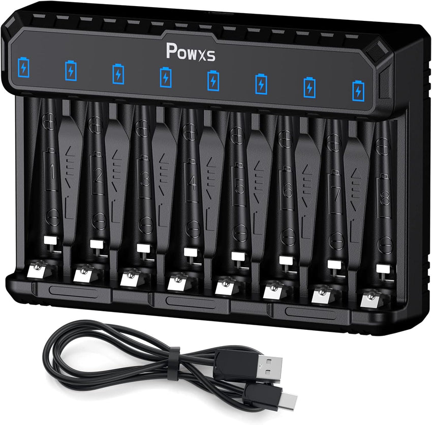 POWXS LED 8-slot Battery Charger for AA&AAA NI-MH NI-CD Lithium Rechargeable Batteries, Upgrade Intelligent AA AAA Battery Charger Type C and Micro USB Input, Fast Charging Function