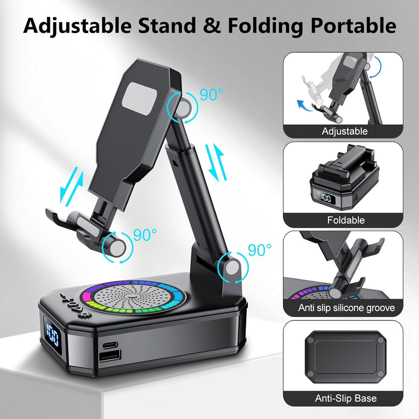 Phone Stand with Bluetooth Speaker 4-in-1 Wireless Charger Foldable RGB Lights