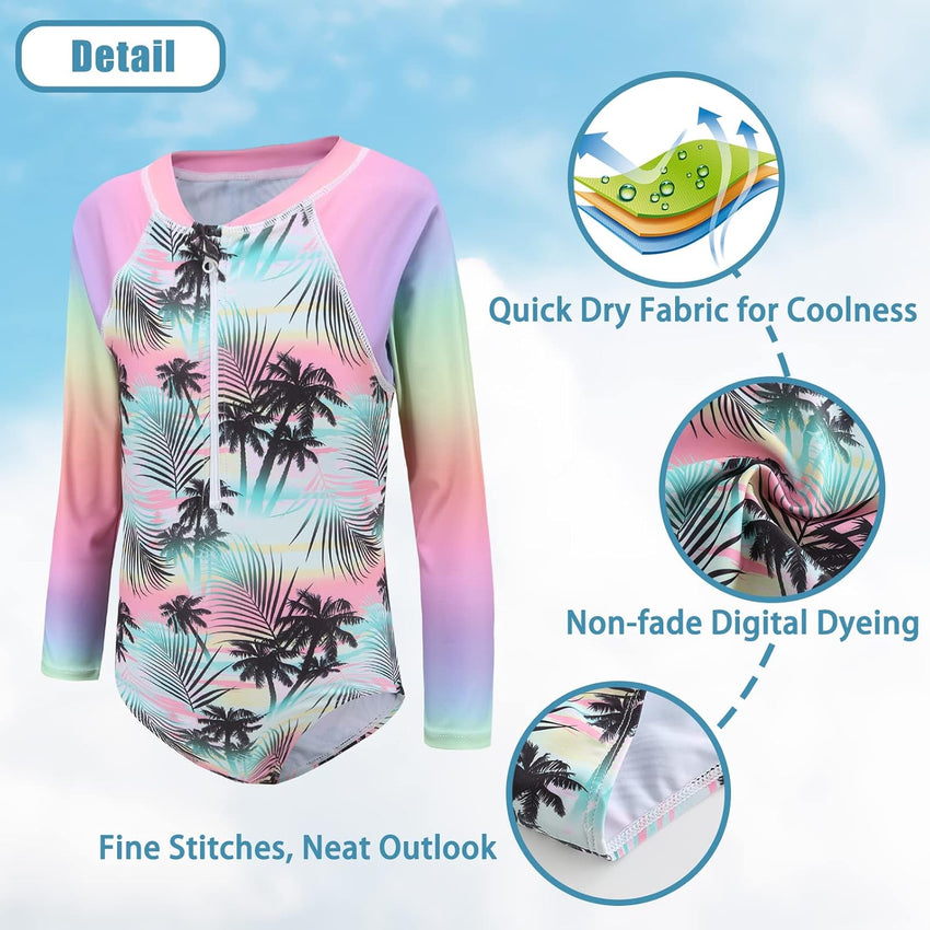 Girls Long Sleeve Swimming Costume Kids One Piece Hawaiian Beach Rash Vest Girls Swimsuit 13-14 Years
