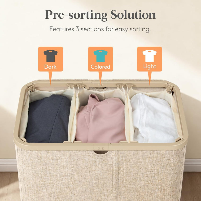 Laundry Basket 165L with Lid 3 Compartments Divider Beige