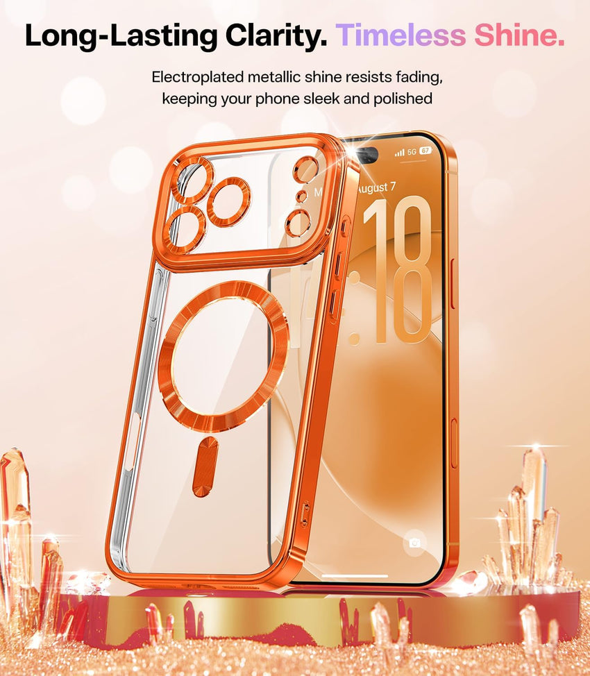 Meifigno Designed for iPhone 17 Pro Max Case 6.9", [Glitter Card & Wrist Strap] [Compatible with MagSafe] [2X HD Screen Protectors] Surround Raised Lens Protection for 17 Pro Max Case, Orange