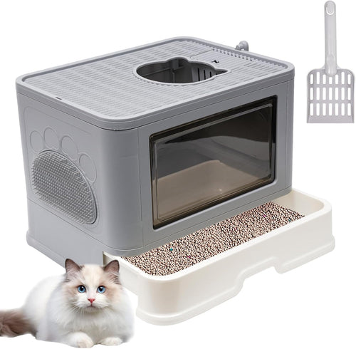 Foldable Cat Litter Box with Lid & Top Exit, Storage Drawer & Fur Brush, Easy Clean, Large Capacity (Grey)