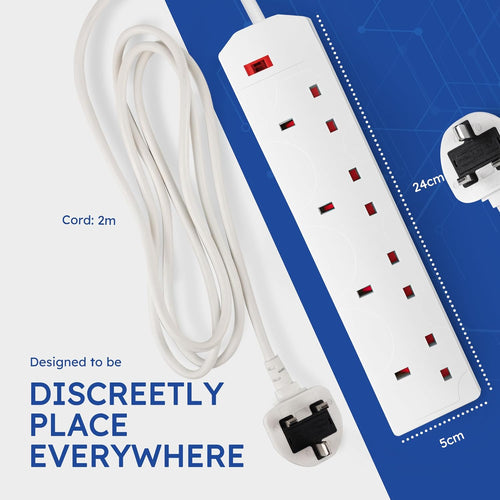 White Electric Extension Lead - 4 Gang, 2 Metre Cable with UK Plug & 3 Pin Socket - Wall Mountable & Multi Socket Mains Strip for Home, Bedroom, Kitchen, & Office (1 Pack)
