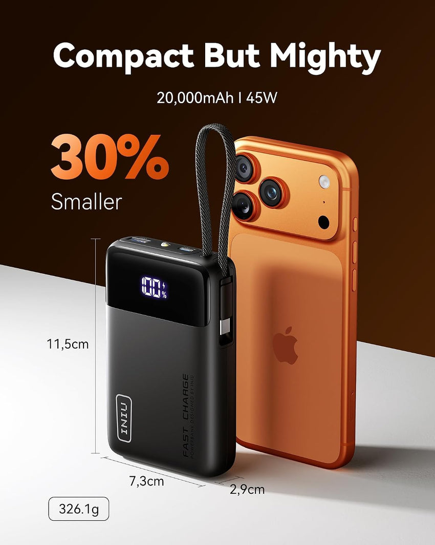 INIU Portable Charger, Smallest 20000mAh Power Bank with Build in USB-C Cable, 22,5W PD Fast Charging USB C in&Out Battery Pack, External Phone Charger for iPhone 16 15 14 Samsung S25 S24 Google etc