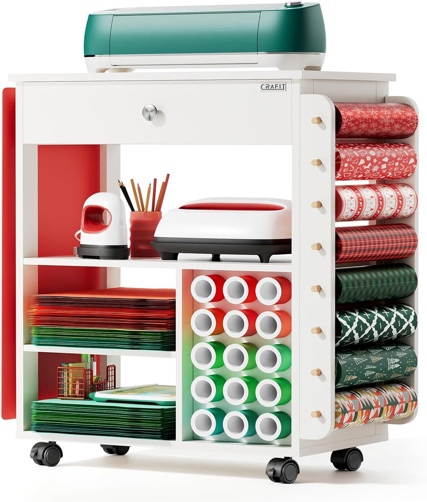Crafit Craft Storage Compatible with Cricut, Craft Table with Vinyl Roll Holder Crafting Storage Cabinet Tool Holder Trolley on Wheels for Craft Room Home Office (Patented)