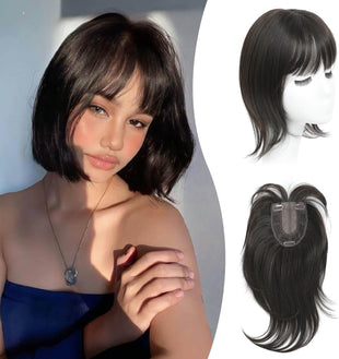 Peonymebeauty Fake Bangs Hair Toppers for Women, 4"X5" Base Topper with 360Â°Clip in Fringe for Hair Loss 12 Inch Synthetic Fiber Wiglets Ladies Straight Hairpieces for Daily Use Add Volume(Dark Brown)