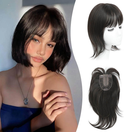 Peonymebeauty Fake Bangs Hair Toppers for Women, 4"X5" Base Topper with 360Â°Clip in Fringe for Hair Loss 12 Inch Synthetic Fiber Wiglets Ladies Straight Hairpieces for Daily Use Add Volume(Dark Brown)