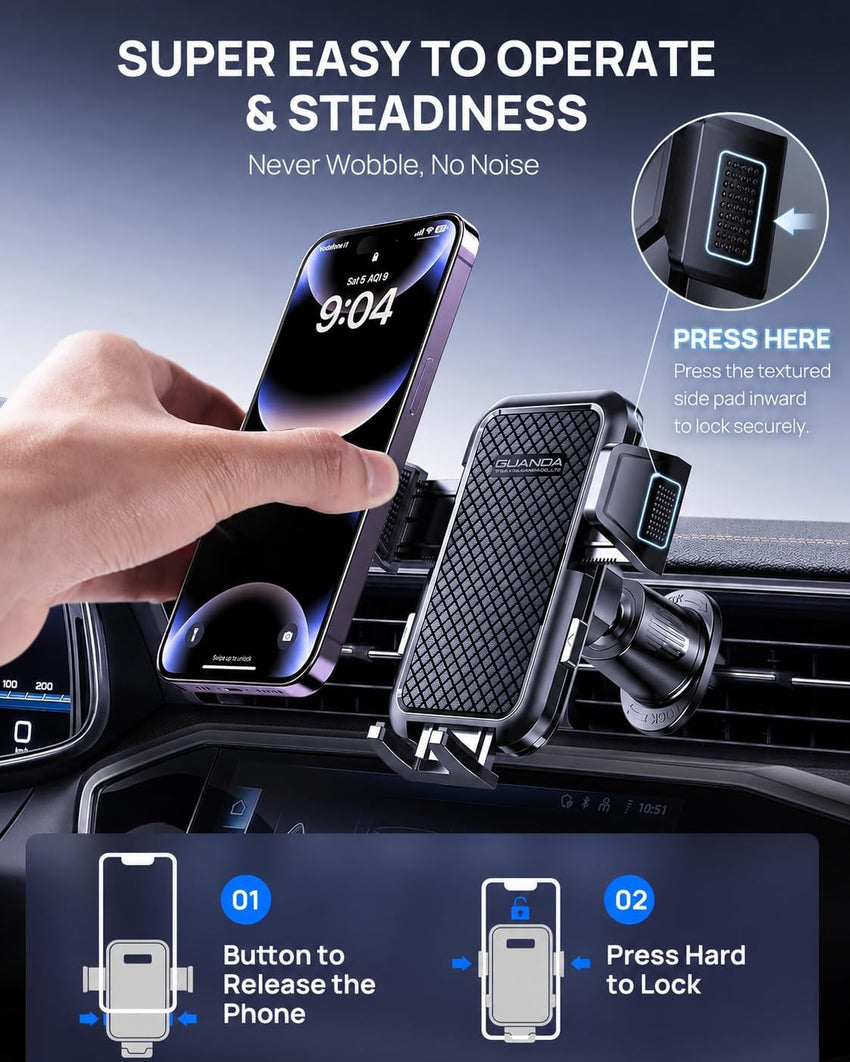 Car Phone Holder Air Vent, Upgrade Hook Clip Mobile Phone Holder for Cars, 360Â° Rotable Car Phone Mount, One Button Release Car Phone Cradles, Universal Car Phone Stand for iPhone Samsung Smartphones