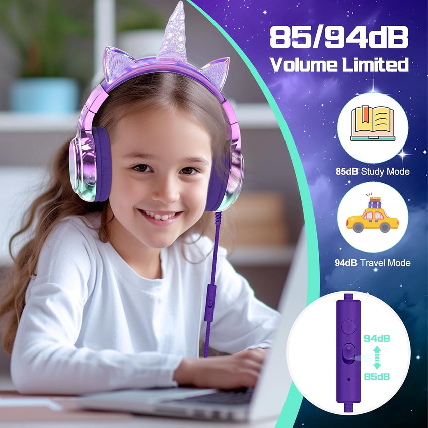 JYPS Kids Headphones, Cute Metallic, 85/94dB Volume Limited, Stereo Sound, Sharing Function, Foldable 3.5mm Wired Over-ear Toddler/Childrens Headphones for iPad/Tablet/School (unicorn, purple)