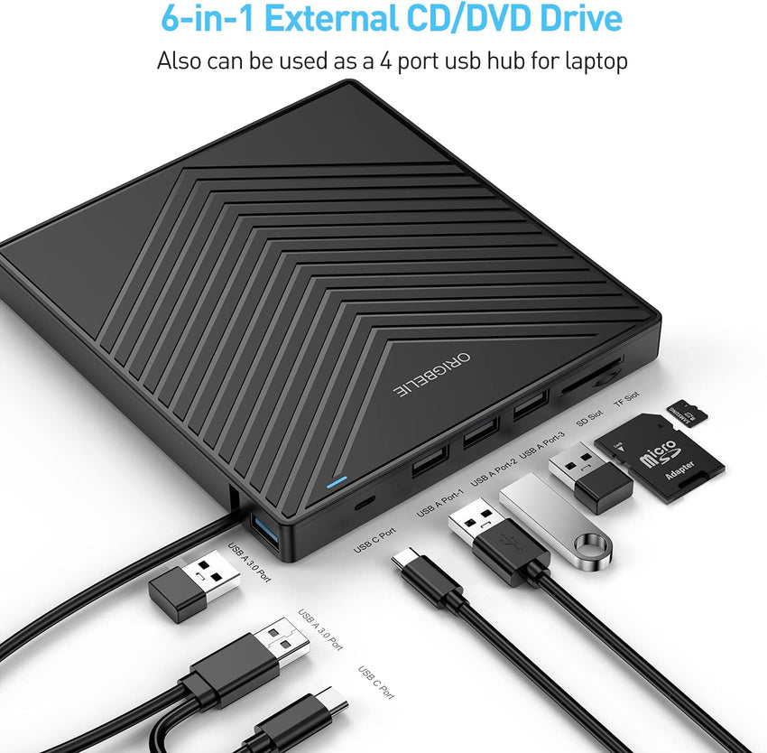 ORIGBELIE External CD DVD Drive, Ultra Slim CD Burner USB 3.0 with 4 USB Ports and 2 TF/SD Card Slots, Optical Disk Drive for Laptop Mac PC Windows 11/10/8/7 Linux OS with Carrying Case