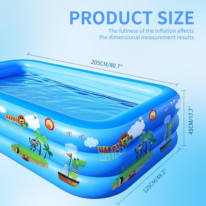GALAXYER Inflatable Paddling Pool with Cartoon Prints, 3 Rings Large Rectangular Family Swimming Center for Kids Toddlers Adult, Indoor Outdoor Garden Swimming Pool, 205 Ãâ 125 Ãâ 50 CM