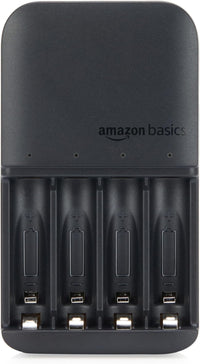 Amazon Basics Battery Charger for Rechargeable AA and AAA NiMh Batteries - UK Plug, 4-Bay, Black