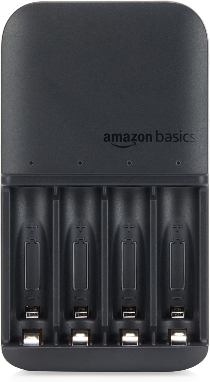 Amazon Basics Battery Charger for Rechargeable AA and AAA NiMh Batteries - UK Plug, 4-Bay, Black