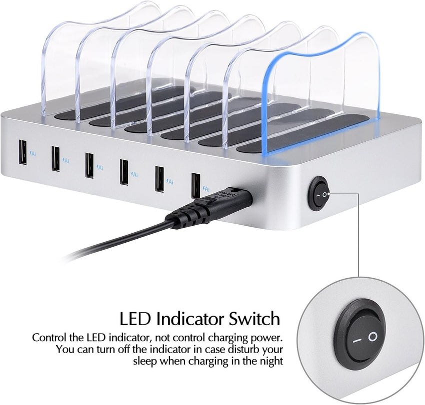 Charging Station 6-Port USB Dock with Cable & Status LEDs Silver