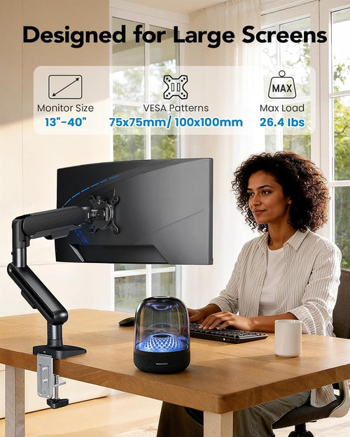 Ultrawide Single Monitor Arm 13-40in Holds 12kg C-Clamp & Grommet VESA 75/100mm 13 40in