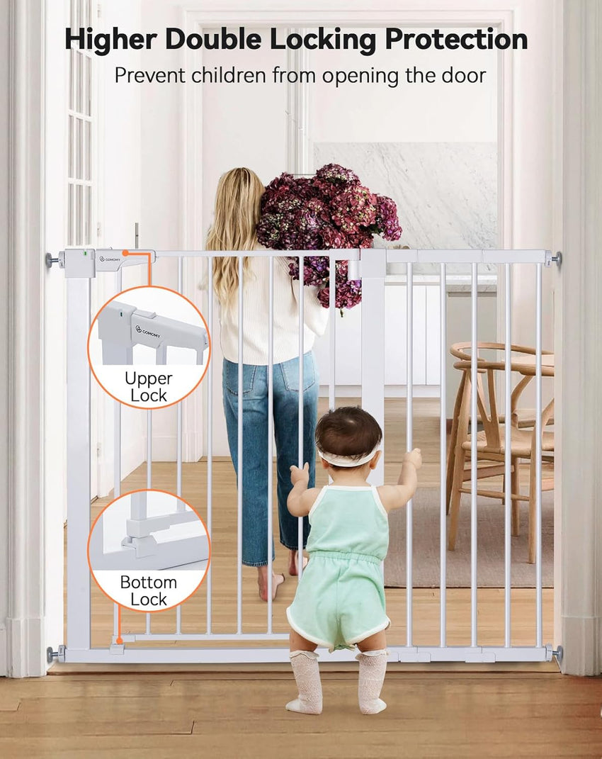 COMOMY 91.5cm Extra Tall Baby Gate for Stairs Doorways, Fits Openings 75-103cm Wide, Auto Close Sturdy Safety Dog Gate for House, Pressure Fit Easy Walk Through Pet Gate with Door, White