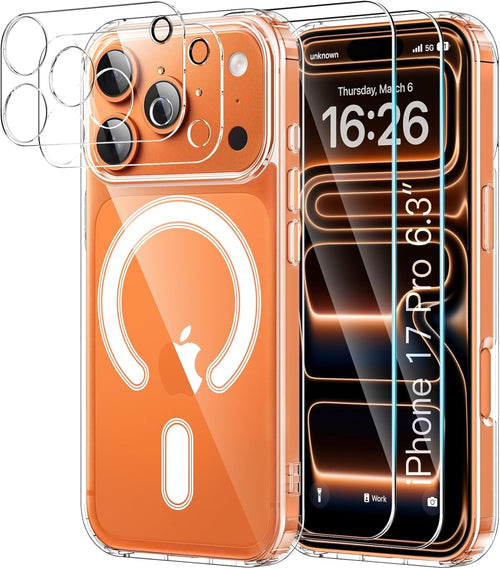 YNMEacc 5 in 1 Magnetic for iPhone 17 Pro Case with 2X Screen Protector + 2X Lens Protector, [Compatible with MagSafe] Slim Soft TPU Silicone Shockproof Anti-Scratch Phone Cover - Clear
