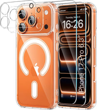 YNMEacc 5 in 1 Magnetic for iPhone 17 Pro Case with 2X Screen Protector + 2X Lens Protector, [Compatible with MagSafe] Slim Soft TPU Silicone Shockproof Anti-Scratch Phone Cover - Clear