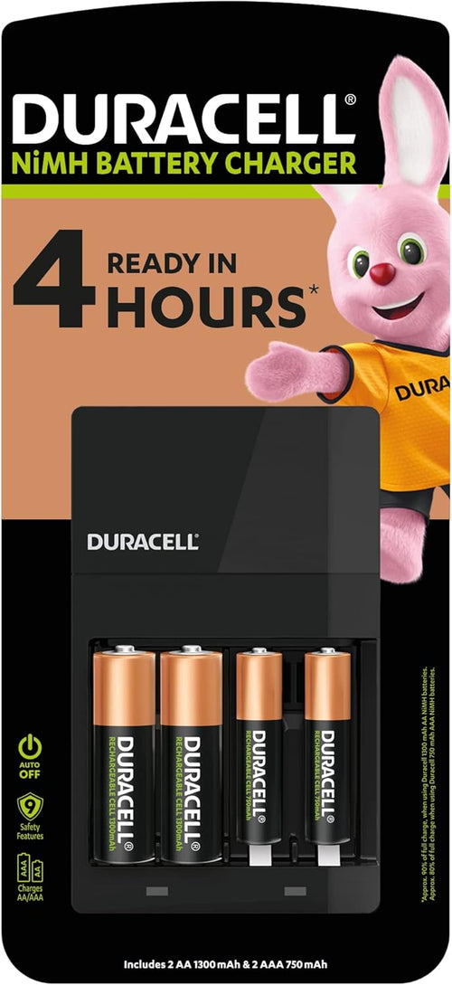 DURACELL Hi-Speed Battery Charger, 4 hours, Compatible with AA and AAA NiMh Batteries, 2x AA 1300mAh and 2x AAA 750 mAh, Rechargeable Batteries Included
