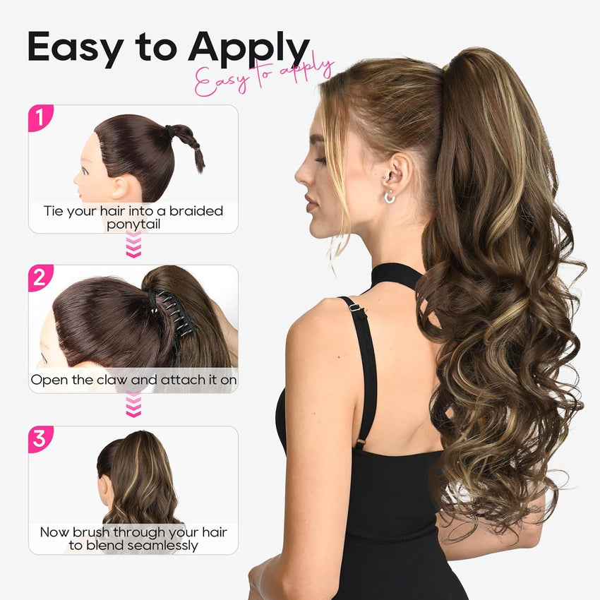 REECHO 24" Claw Clip Ponytail Extension Long Curly Hairpiece â Honey Blonde Highlights
