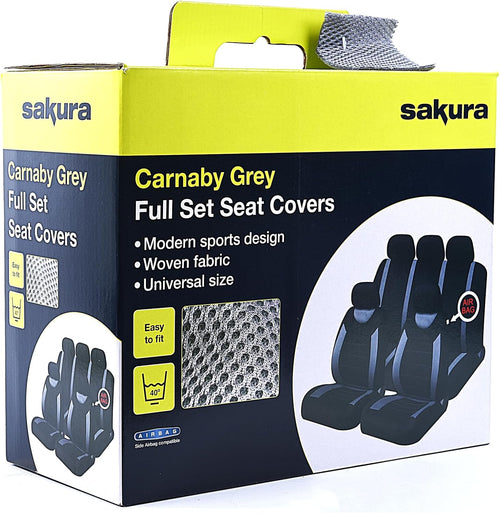 Car Seat & Headrest Covers Full Set Universal Fit Side Airbag Compatible Washable Carnaby Grey