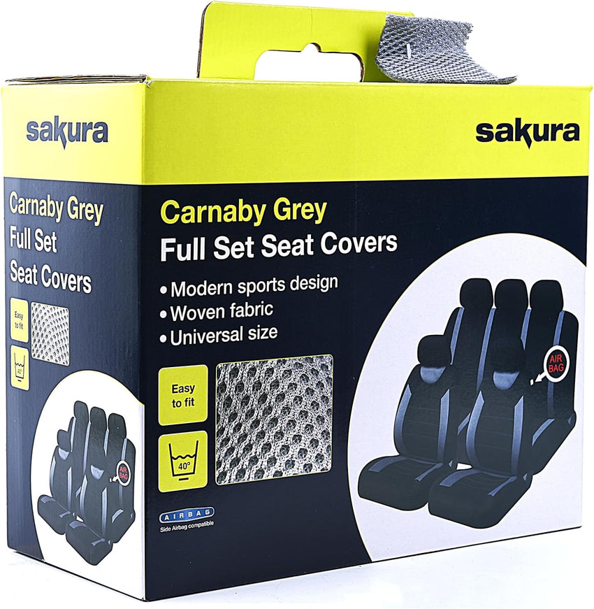 Car Seat & Headrest Covers Full Set Universal Fit Side Airbag Compatible Washable Carnaby Grey