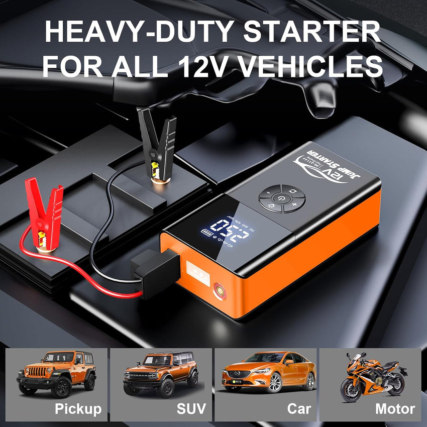 8000A Car Jump Starter with 180PSI Air Compressor 12V Smart Clamps LED Flashlight Portable Battery Booster Orange