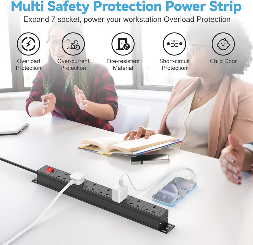 2 Pack - 7 Way Power Strip Surge Protector with Switch, Rack Mount 19inch Power Socket, Wall Mount Power Strip for Home, Office and Industrial Use, 1.8M Extension Cord, Black