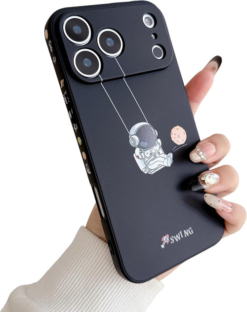 Yonds Queen for iPhone 17 Pro Max Cute Case, Cool Cartoon Swing Astronaut Planet Moon Design Stylish TPU Bumper Shockproof Anti-Slip Protector Fashion Case (Black Planet, iPhone 17 Pro Max)