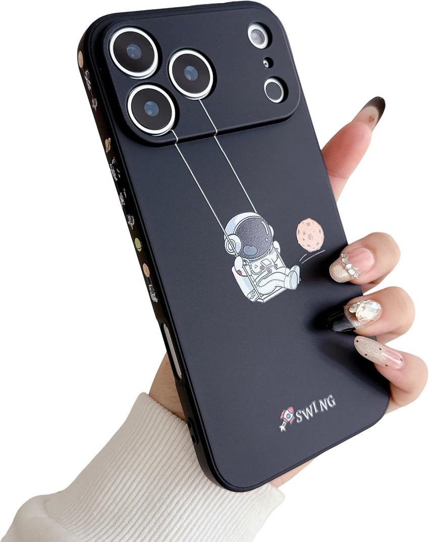 Yonds Queen for iPhone 17 Pro Max Cute Case, Cool Cartoon Swing Astronaut Planet Moon Design Stylish TPU Bumper Shockproof Anti-Slip Protector Fashion Case (Black Planet, iPhone 17 Pro Max)